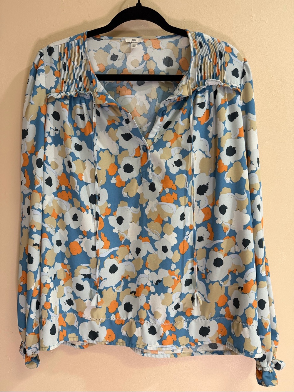 Joie Floral Print Long Sleeve Blouse XS Blue Orange White Pintuck Tie Neck